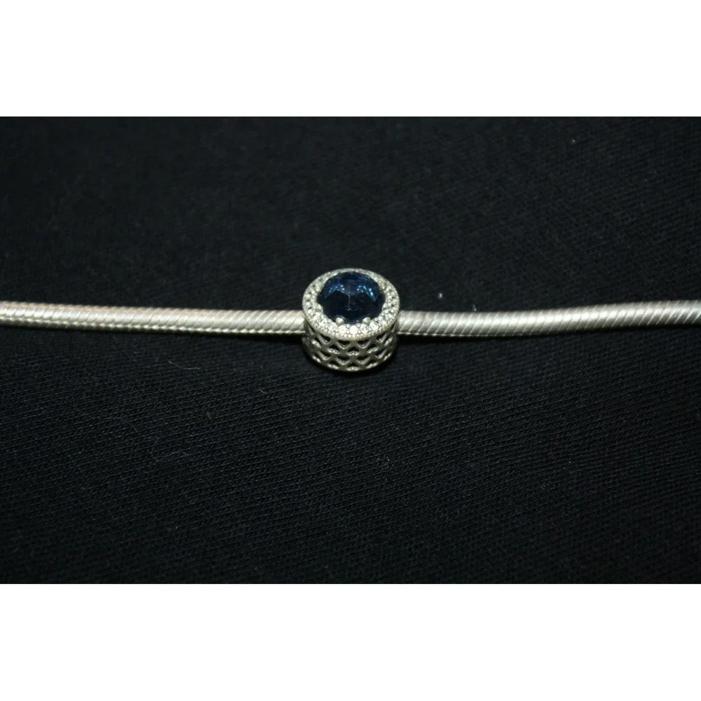 Pandora Blue Round Sparkle Halo Charm Womens Silver Cubic Zirconia‎